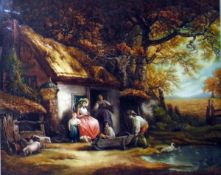 After Clifford R James Colour print 19th century family in front of a cottage,