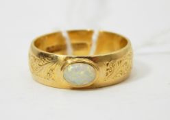22ct gold engraved ring set with small opal, 5.