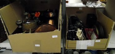 Quantity of assorted metalware including a copper pitcher, brass candlesticks, brass bowls,