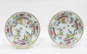 Pair of Chinese famille rose porcelain plates decorated with crane and rabbits to centre, 22.