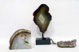 Mounted agate geode from Brazil, on square base, retailed by Harrods with original label, 26cm high,