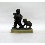 Carved jade group of boy with sheep and holding lamb, on plinth base,