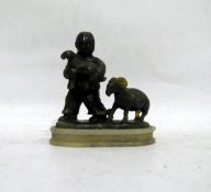 Carved jade group of boy with sheep and holding lamb, on plinth base,