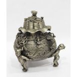 Chinese silver-coloured metal censer with pierced top and handles,