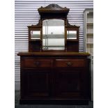 Late Victorian walnut mirror back sideboard with bevelled plates and open shelves,