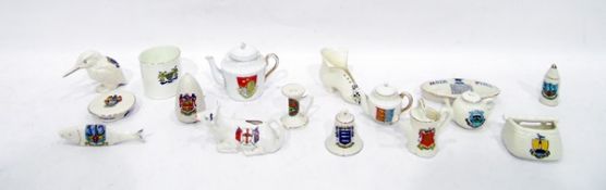 Quantity of crestedware including a Florentine china model of a kingfisher with the Arms of Reading,
