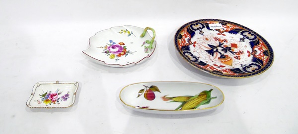 Meissen porcelain leaf dish painted with roses and other flowers, with applied twig handle,