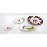 Meissen porcelain leaf dish painted with roses and other flowers, with applied twig handle,