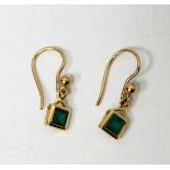 Pair of gold and emerald set drop earrings,