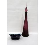 Large amethyst coloured decanter with glass stopper and a German Schonwald bowl and dish (3)