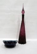 Large amethyst coloured decanter with glass stopper and a German Schonwald bowl and dish (3)