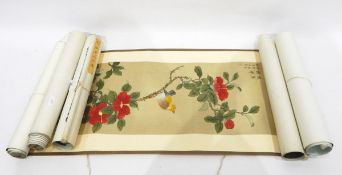 Set of four Oriental watercolour scroll pictures depicting birds and blossom,