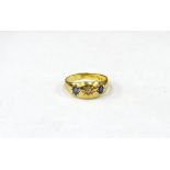 18ct gold ring set with single diamond flanked by two blue-coloured stones, 4g in total,