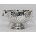 Large Sheffield hand-chased silver plated on copper two-handled pedestal punch bowl,