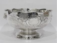 Large Sheffield hand-chased silver plated on copper two-handled pedestal punch bowl,