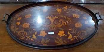 Edwardian marquetry inlaid two-handled oval tray with allover scrolling floral inlay,
