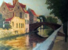 Charles Houdard (fl 1892-1914) Aquatint Bruges scene with bridge over river,