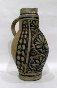 Large Continental (possibly German) stoneware jug with incised and blue glaze decoration,