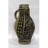 Large Continental (possibly German) stoneware jug with incised and blue glaze decoration,