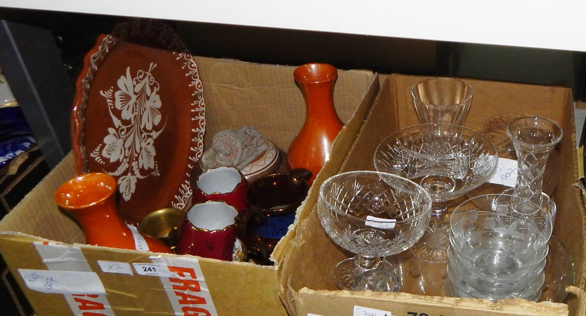 Glass dessert set with bowl and five matching bowls, engraved with strawberries, cut glass comports,