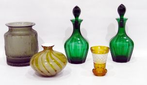 Pair of green glass slab cut decanters, a large Art glass vase,