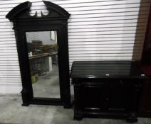 19th century continental ebonised wood Pier-style mirror with cupboard to base,