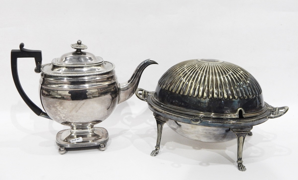 Regency silver plated shaped rectangular pedestal teapot on ball feet and a swivel dome-topped