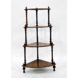 Victorian burr walnut corner whatnot of four open shelves, on turned supports,