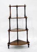 Victorian burr walnut corner whatnot of four open shelves, on turned supports,