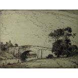 Percy Lancaster Etchings Bridge over river and Dutch village scene, signed in pencil in margin,