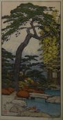Toshi Yoshida (Japanese) Pair of Japanese handcoloured prints "Plum Tree" and "Pine Tree",