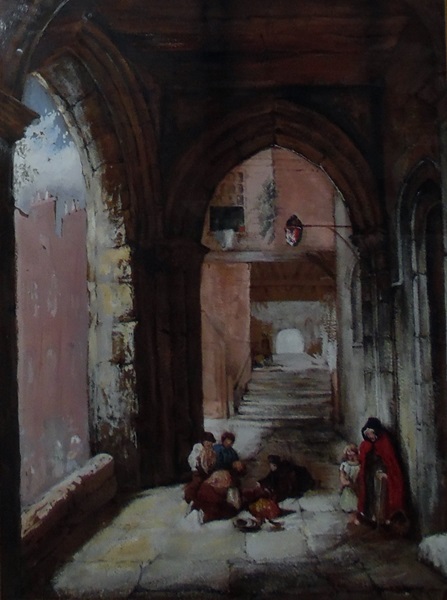 19th century school Watercolour drawing Figures in an archway, unsigned,