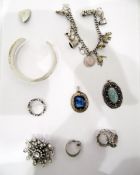 Quantity silver jewellery to include modern brooches, hammered bangle, charm bracelet,