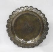 Old Persian style silvered-coloured metal waiter with wavy border, foliate decoration,