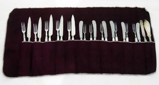 Near set of silver plated and mother-of-pearl handled flatware with silver collars,