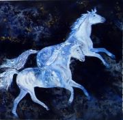 Catherine Dove (contemporary) Oil on canvas "Horse Play", two white horses on a blue background,