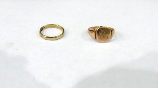 9ct gold wedding band, 3g approx, ring size 'O/P' and a gold signet ring, initialled (marks worn),