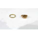 9ct gold wedding band, 3g approx, ring size 'O/P' and a gold signet ring, initialled (marks worn),
