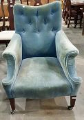 Edwardian square-back button upholstered easy armchair in blue dralon,