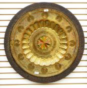Middle Eastern copper circular tray, painted decoration,