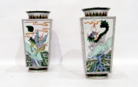 Pair of Chinese square tapering vases, cream ground,