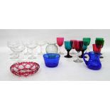Quantity of assorted glass including cranberry and green glass drinking glasses,