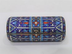 Russian silver gilt and enamel cylindrical-shaped box, Khlebnikov, blue,