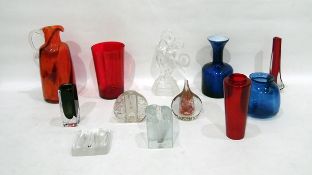 Quantity of Art glass including a Whitefriars red and clear glass vase of triangular form,