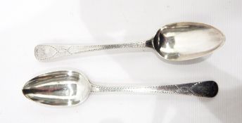 Pair of late 18th century silver tablespoons, engraved decoration and initialled to finial 'HB',