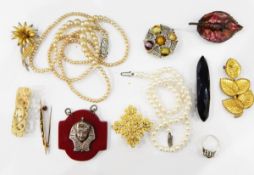 Quantity of costume jewellery to include faux pearl necklaces, brooches,
