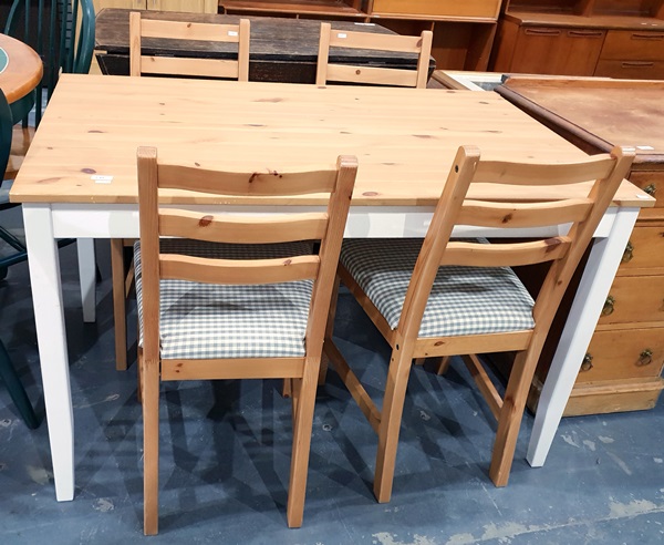 Modern pine table with white painted legs, 118cm wide,