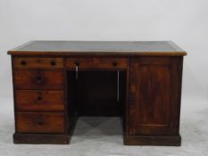 Large office kneehole desk, oak, with leather inset, two frieze drawers,