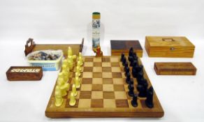 Walnut book slide and other assorted wooden boxes, games including dominoes and chess sets,