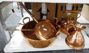 Large copper jam pan, a copper warming pan with turned wood handle, a large copper kettle,